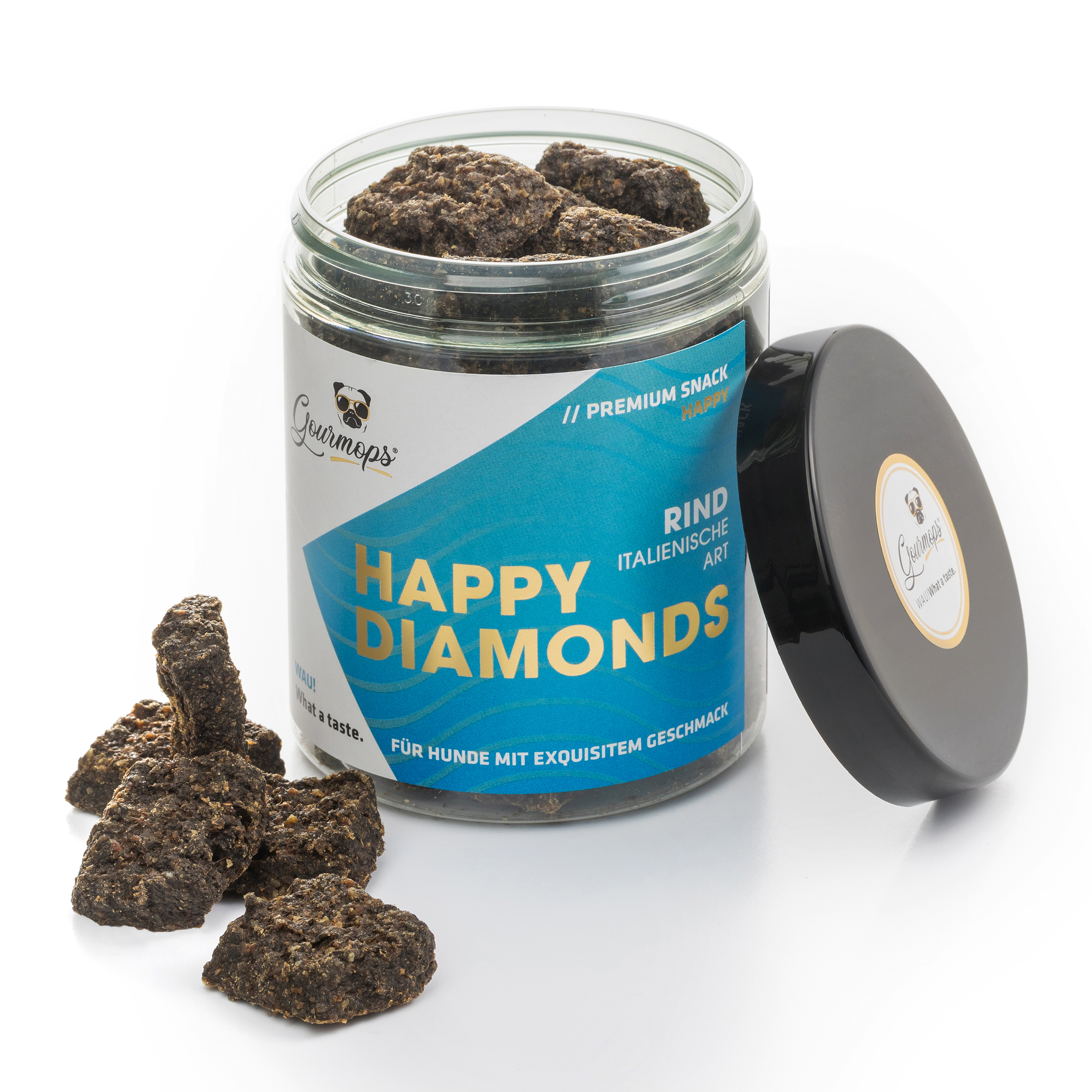 Dose Happy Diamonds Rind mit offenem Deckel und Lekkerlis daneben